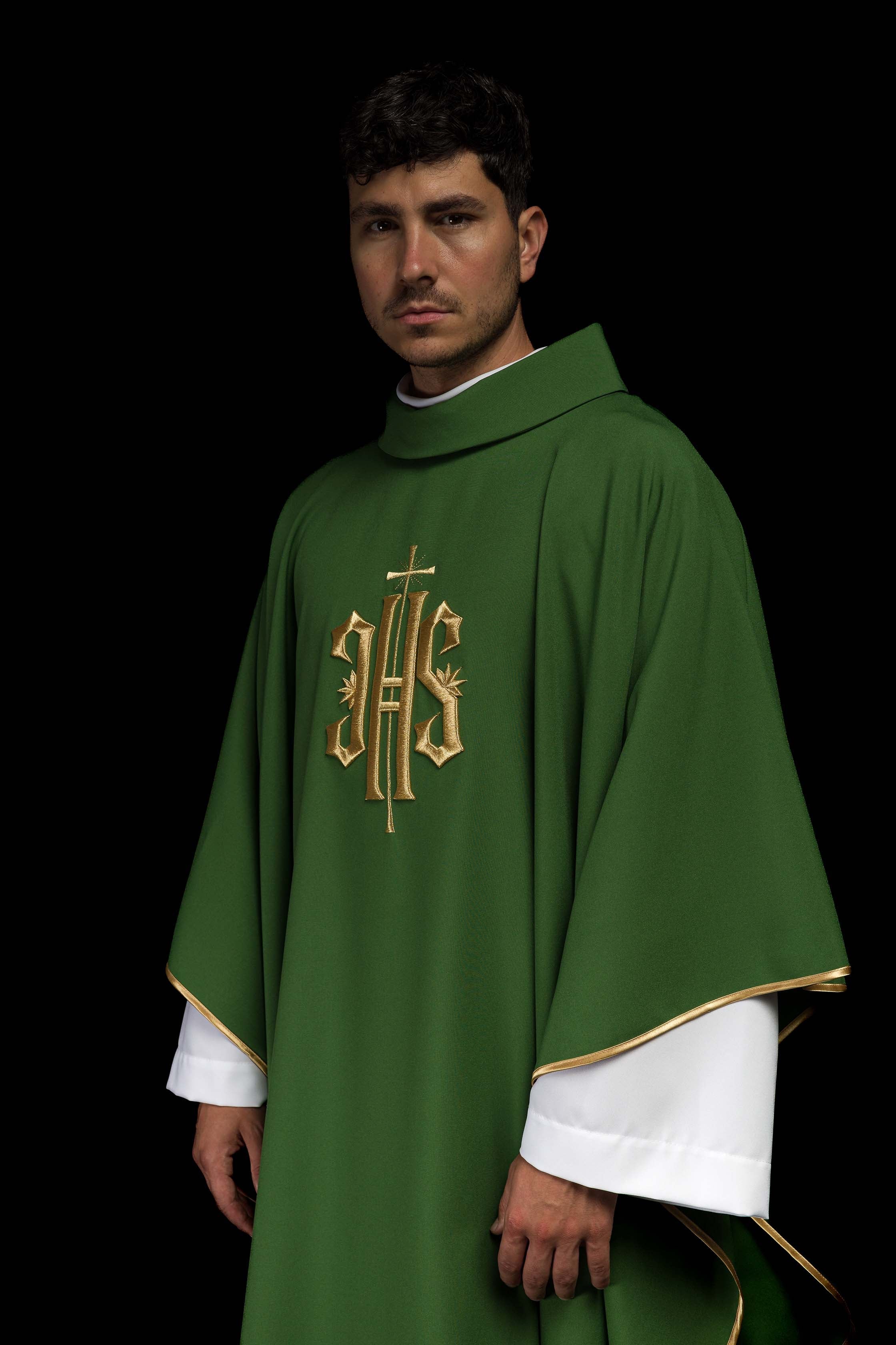 Green chasuble embroidered with IHS motif