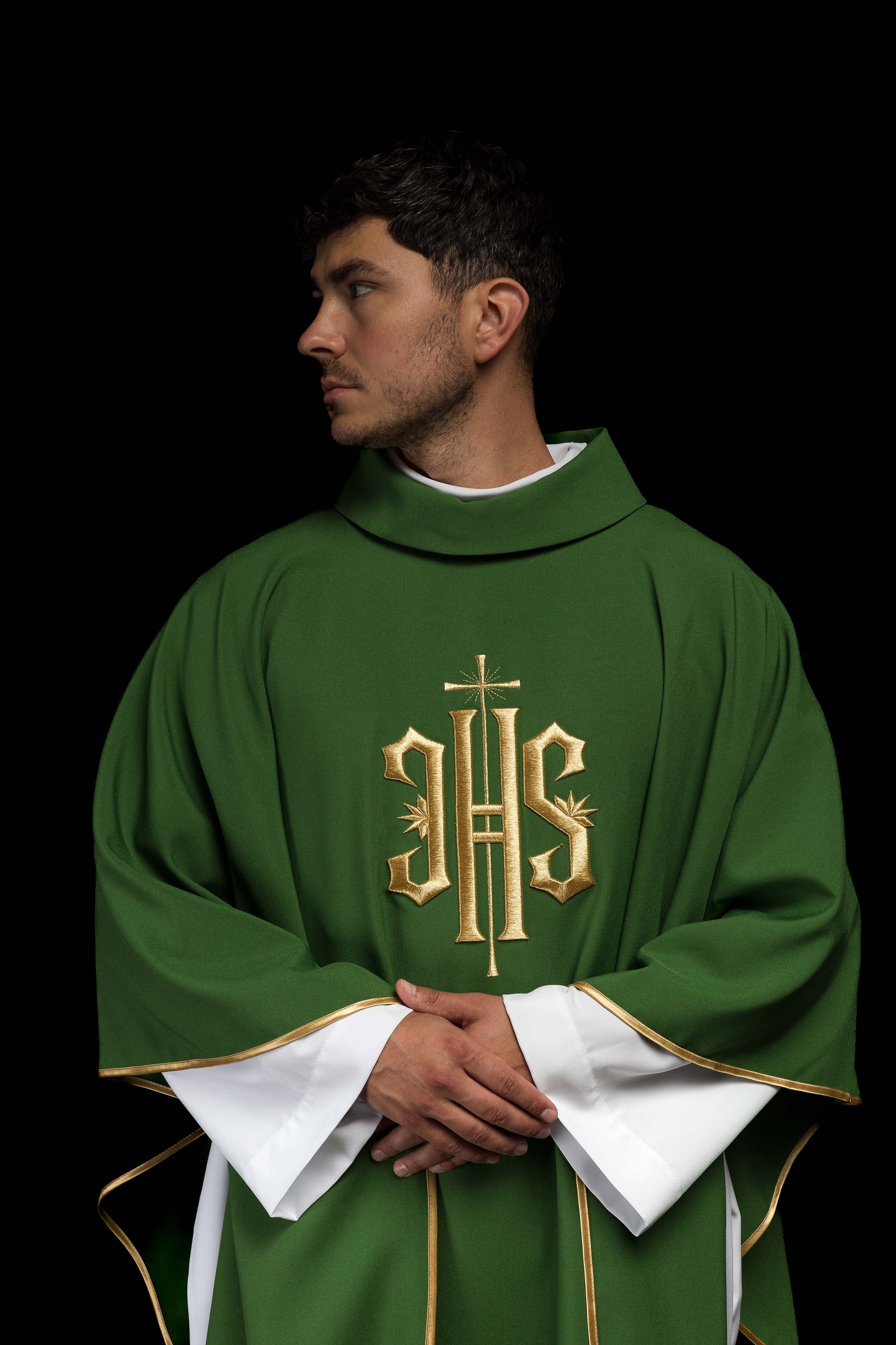 Green chasuble embroidered with IHS motif