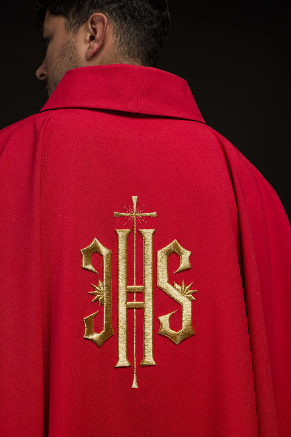 Simple chasuble with raised IHS gold embroidery
