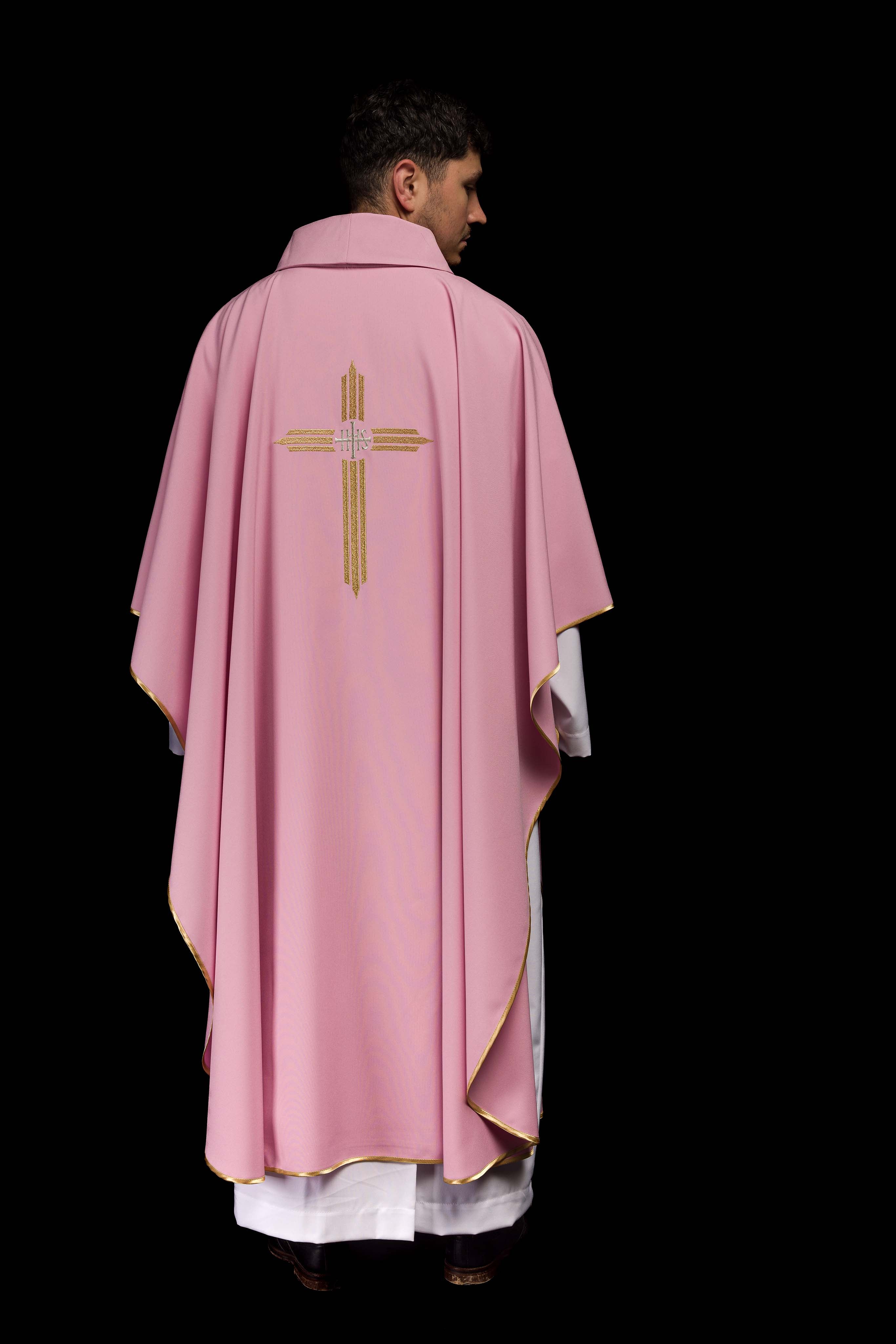 Pink chasuble embroidered with the symbol of Cross IHS