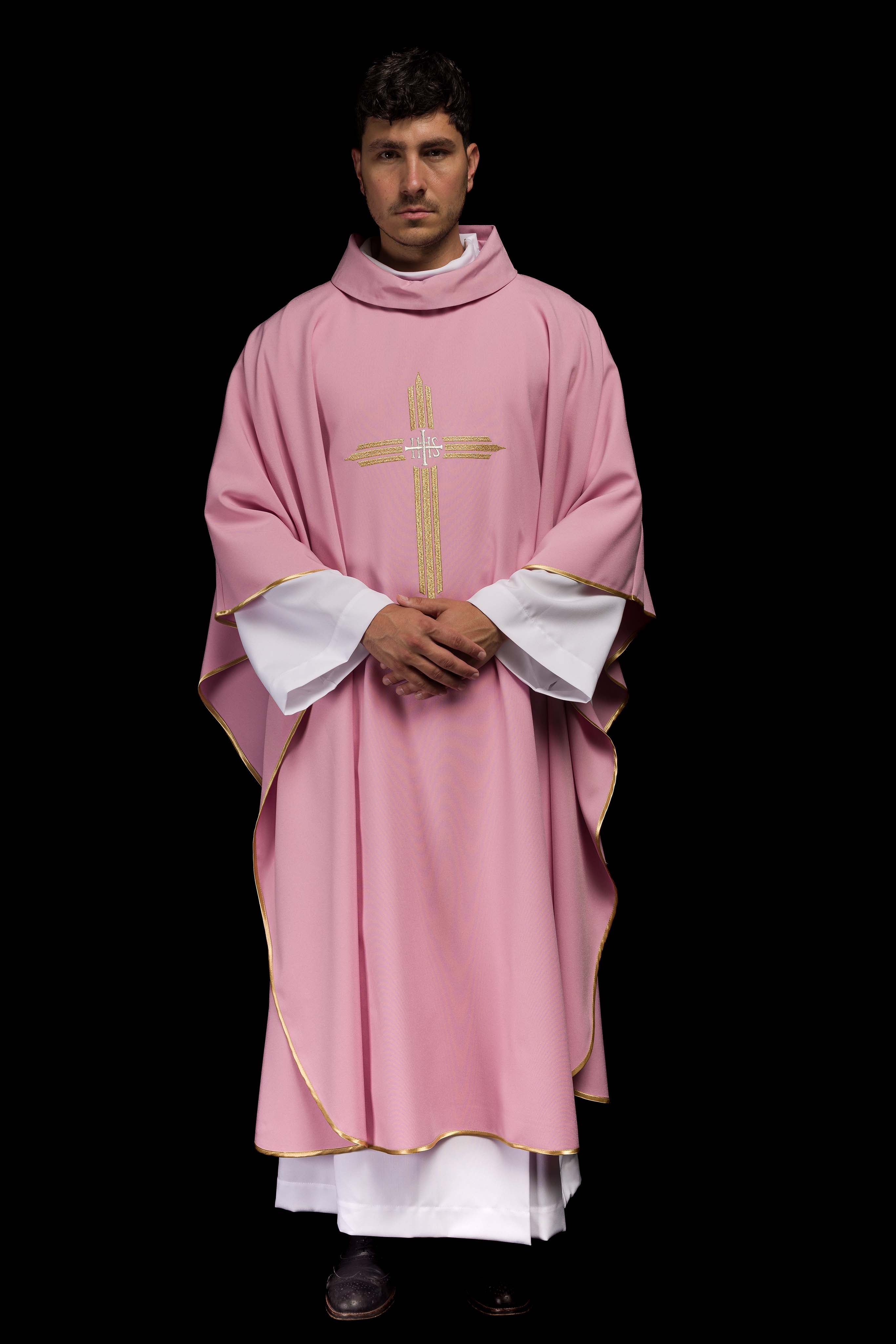 Pink chasuble embroidered with the symbol of Cross IHS