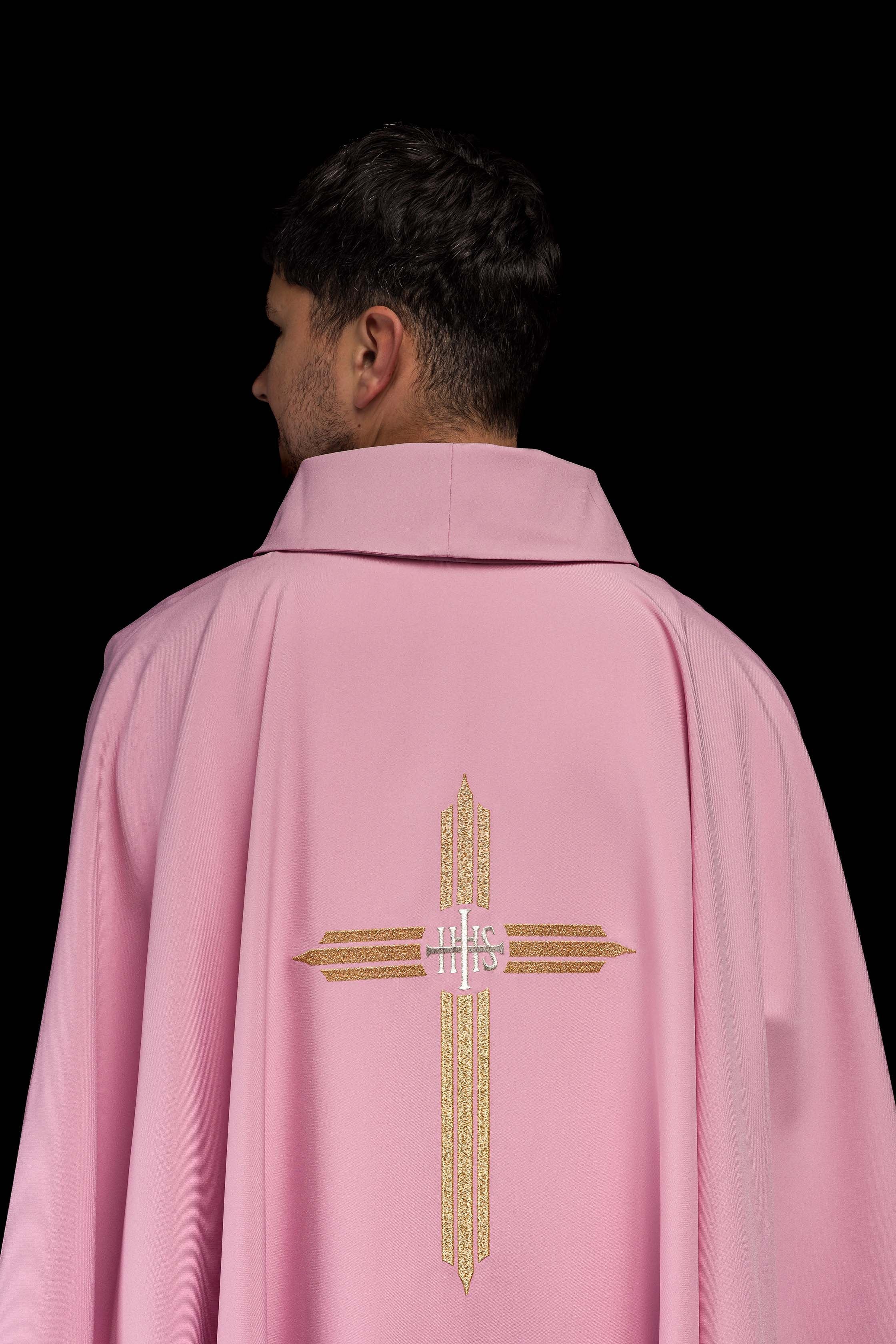 Pink chasuble embroidered with the symbol of Cross IHS