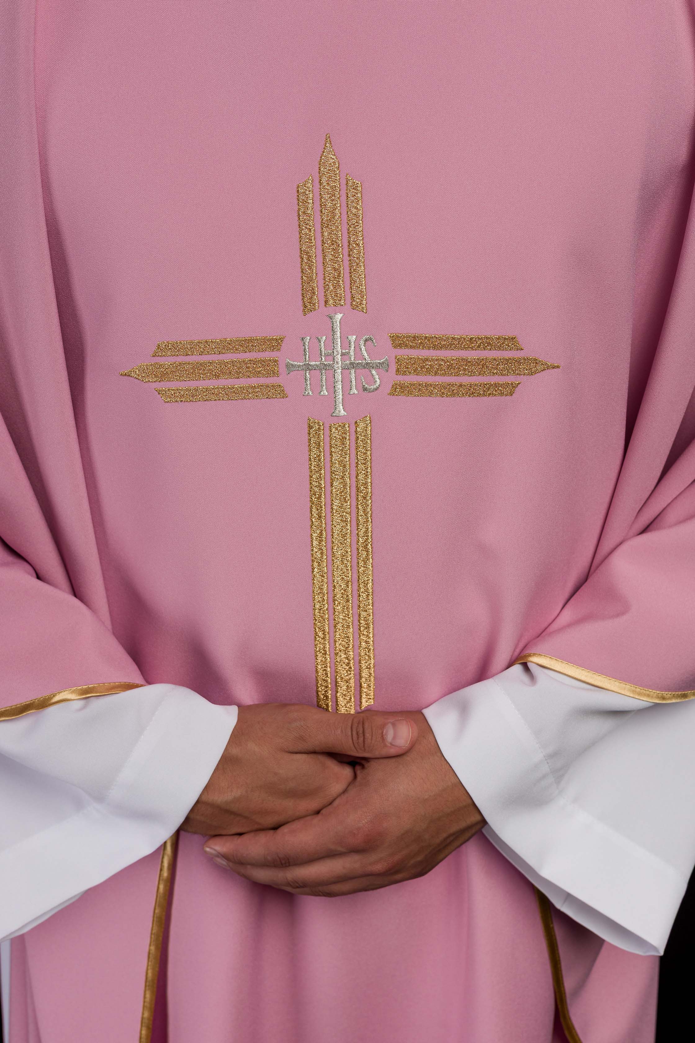 Pink chasuble embroidered with the symbol of Cross IHS
