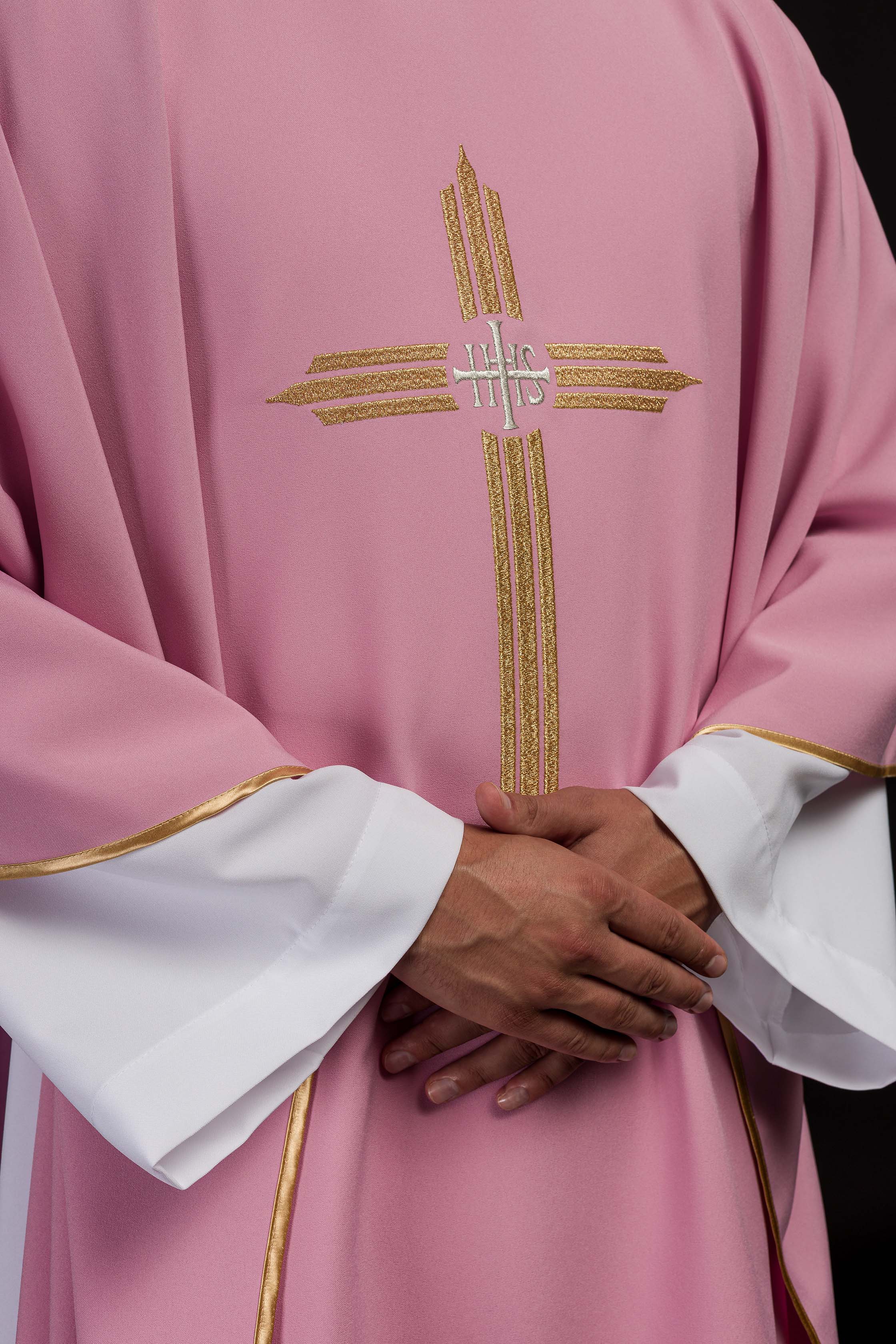 Pink chasuble embroidered with the symbol of Cross IHS