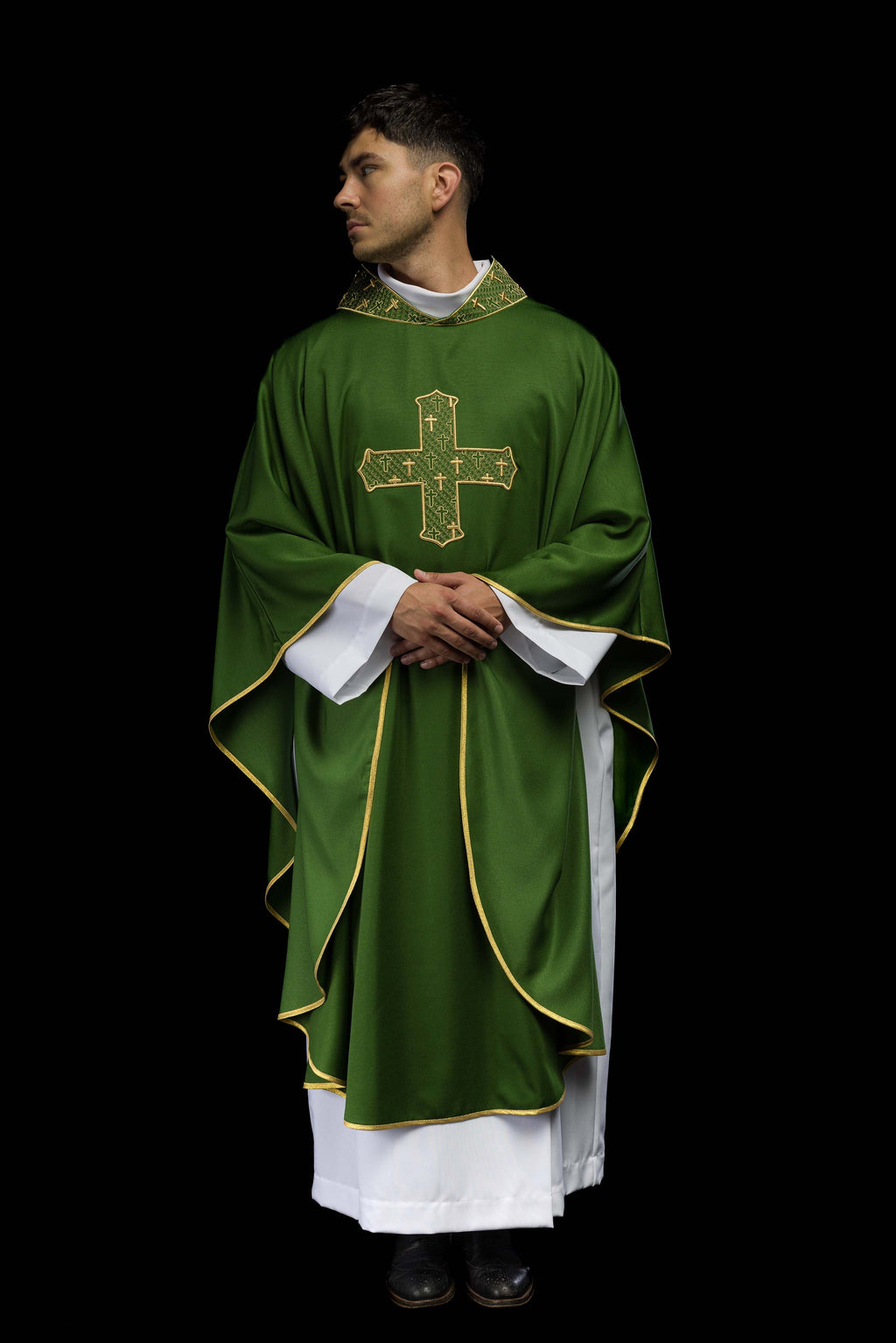 Chasuble with richly embroidered cross and collar in green