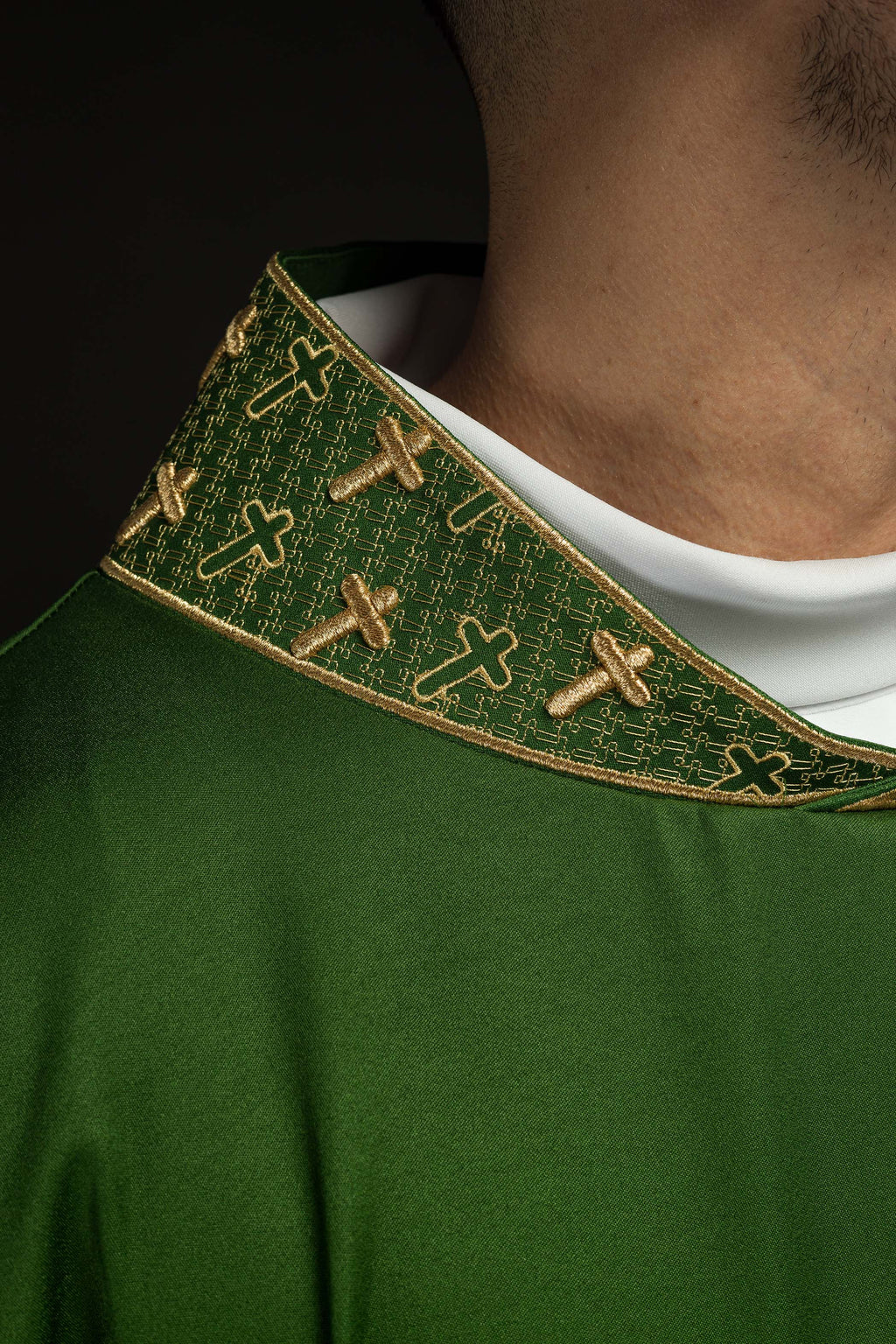 Chasuble with richly embroidered cross and collar in green