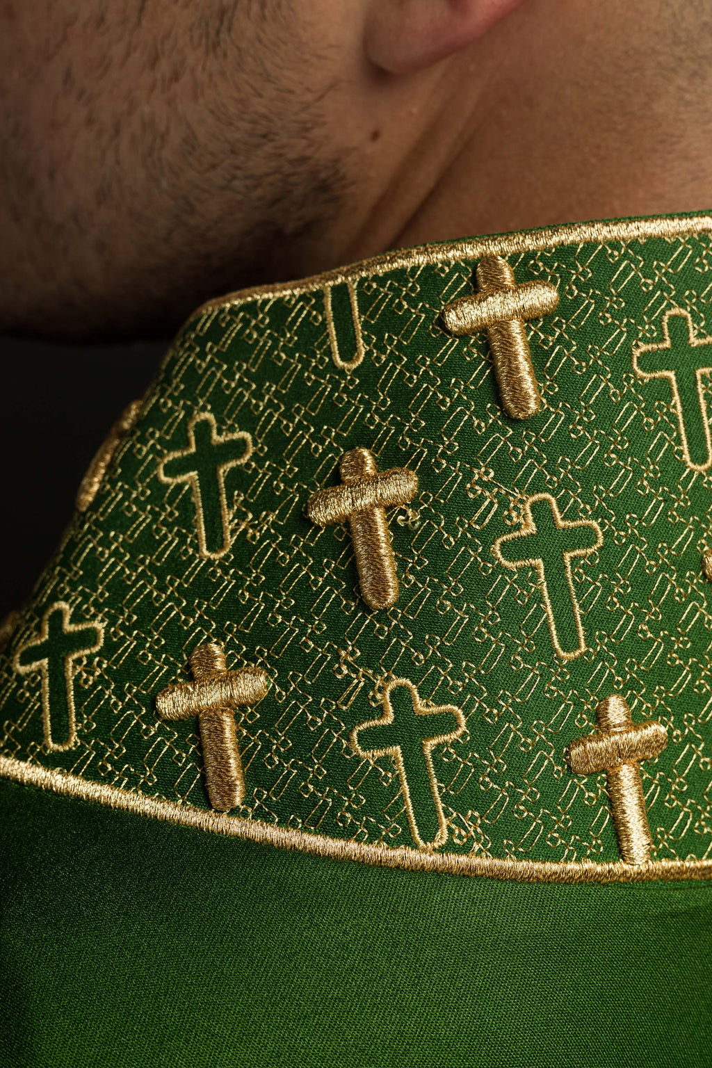 Chasuble with richly embroidered cross and collar in green