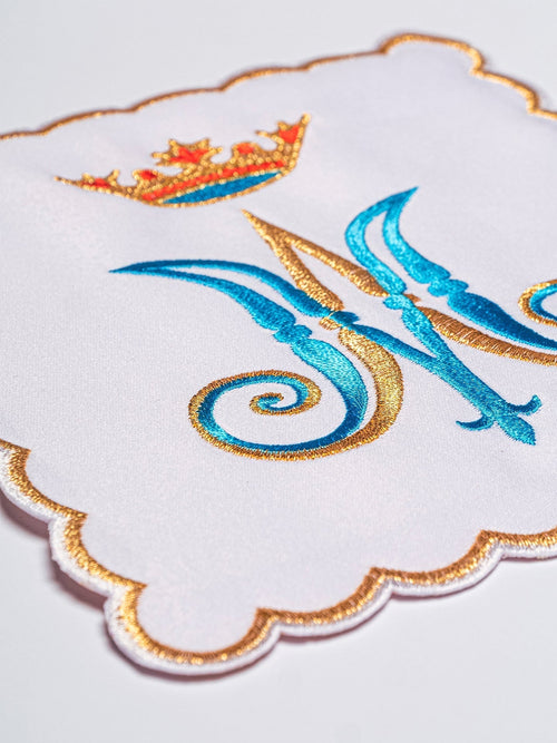 Chalice Linens Embroidered with blue and gold Marian Motif KK/164 - HAFTINAUSA.COM