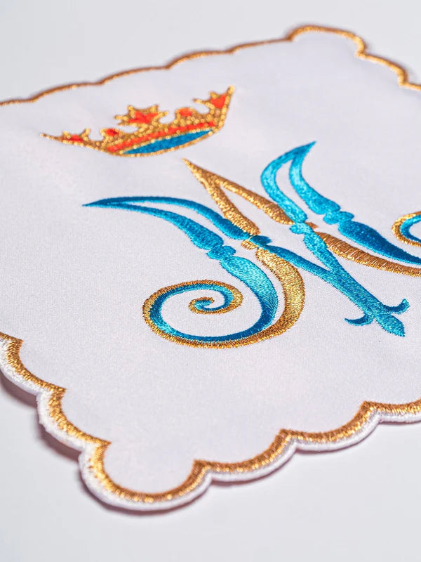 Chalice Linens Embroidered with blue and gold Marian Motif