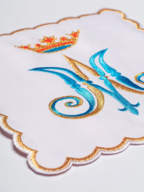 Chalice Linens Embroidered with blue and gold Marian Motif