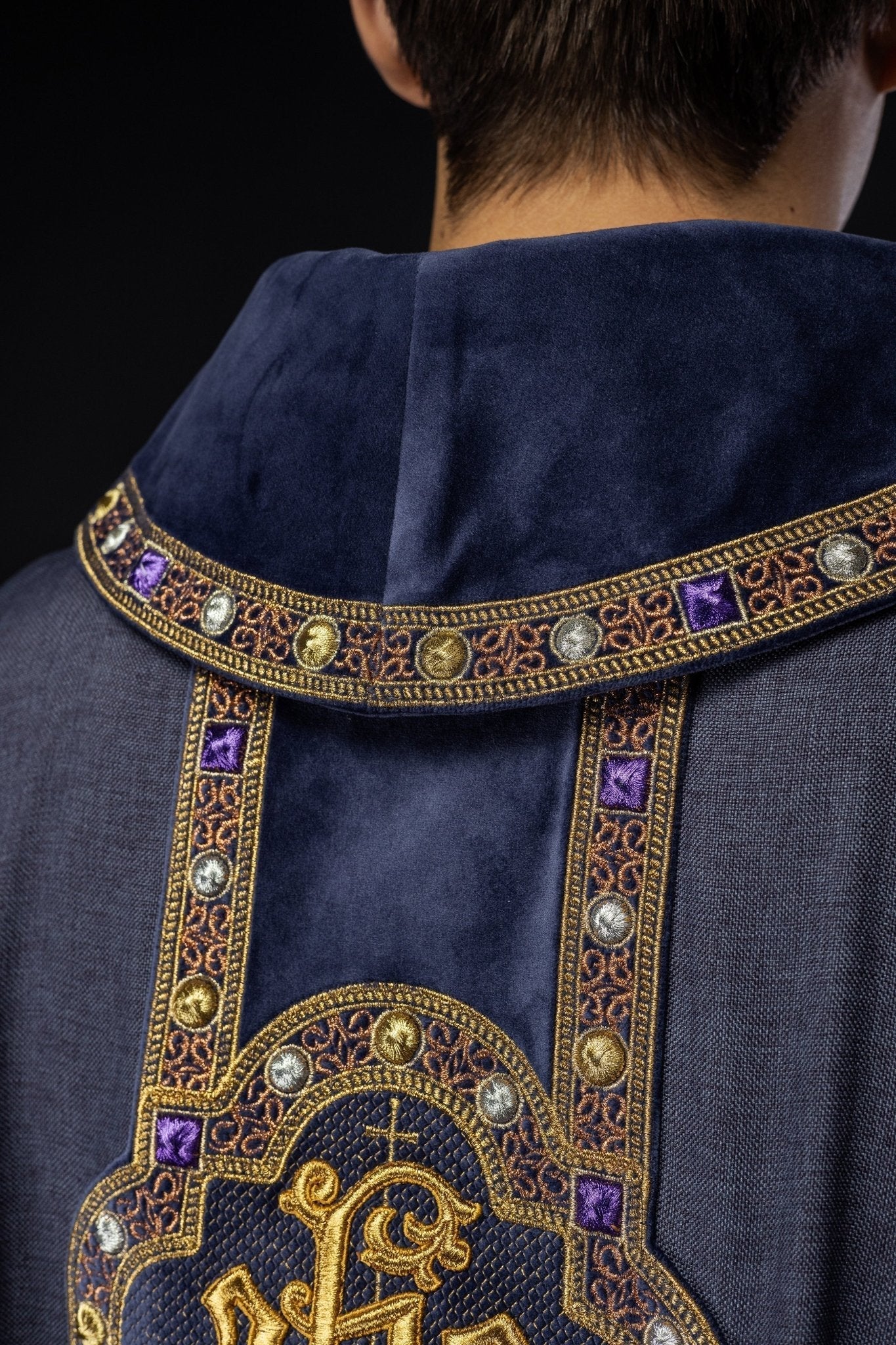 Chasuble with richly embroidered orphrey and piping around the IHS I collar embroidery in purple S - 7067 - 03 - 70 - HAFTINAUSA.COM