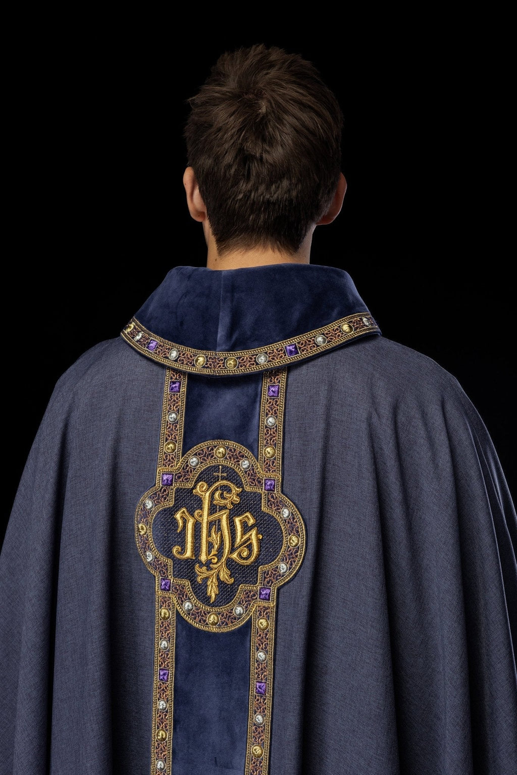 Chasuble with richly embroidered orphrey and piping around the IHS I collar embroidery in purple S - 7067 - 03 - 70 - HAFTINAUSA.COM