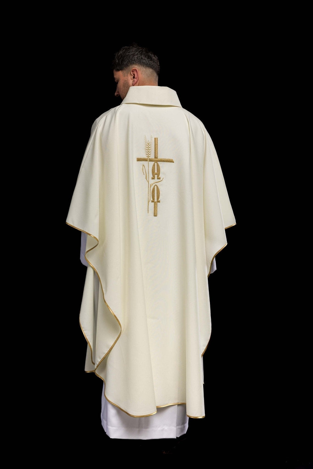 Ecru chasuble with cross and alfa omega symbols KOR/013/05/12 ECRU - HAFTINAUSA.COM