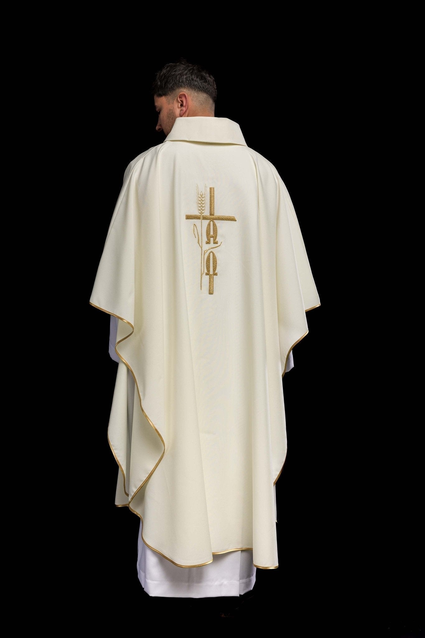 Ecru chasuble with cross and alfa omega symbols KOR/013/05/12 ECRU - HAFTINAUSA.COM