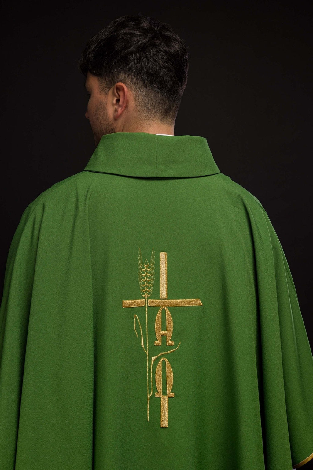 Green chasuble with cross and alfa omega symbols KOR/013/01/12 ZIELONY - HAFTINAUSA.COM