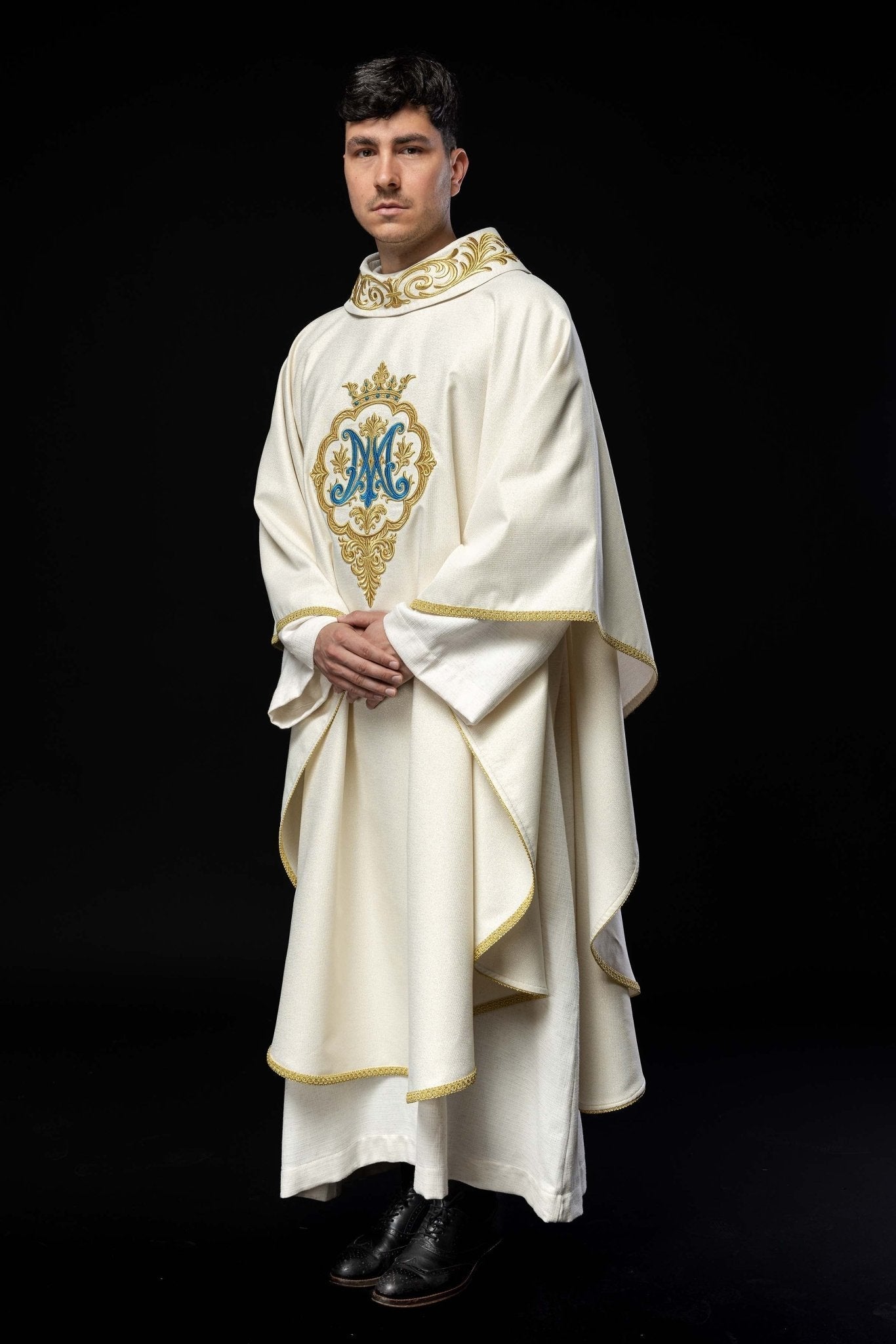 Liturgical Chasuble with Embroidered Marian Coat of Arms and Crown LE/7044/05 - HAFTINAUSA.COM