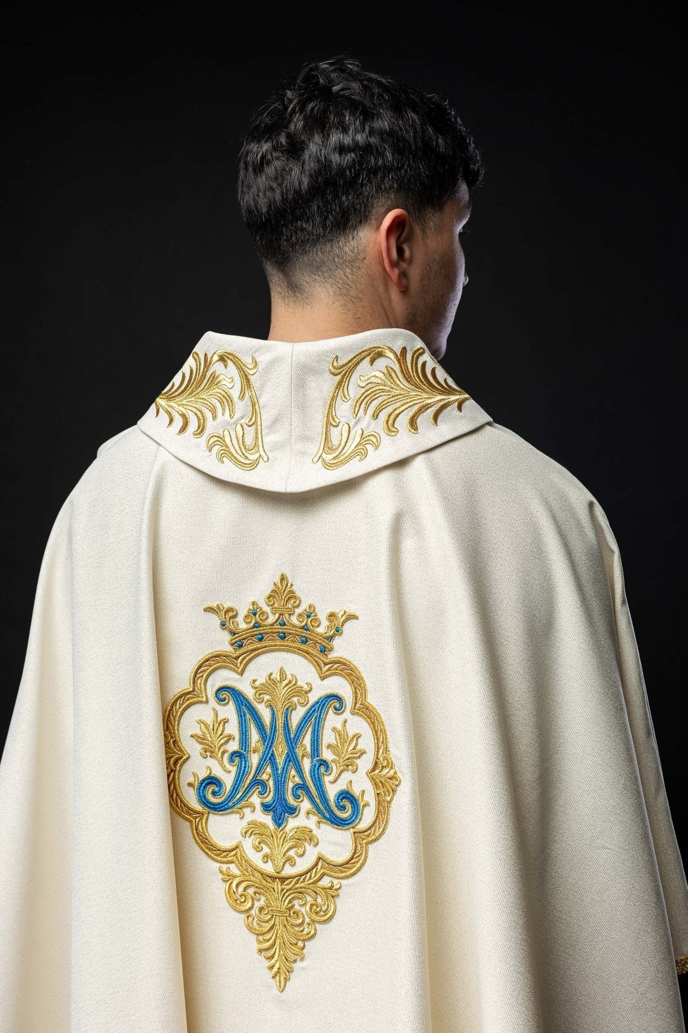 Liturgical Chasuble with Embroidered Marian Coat of Arms and Crown LE/7044/05 - HAFTINAUSA.COM