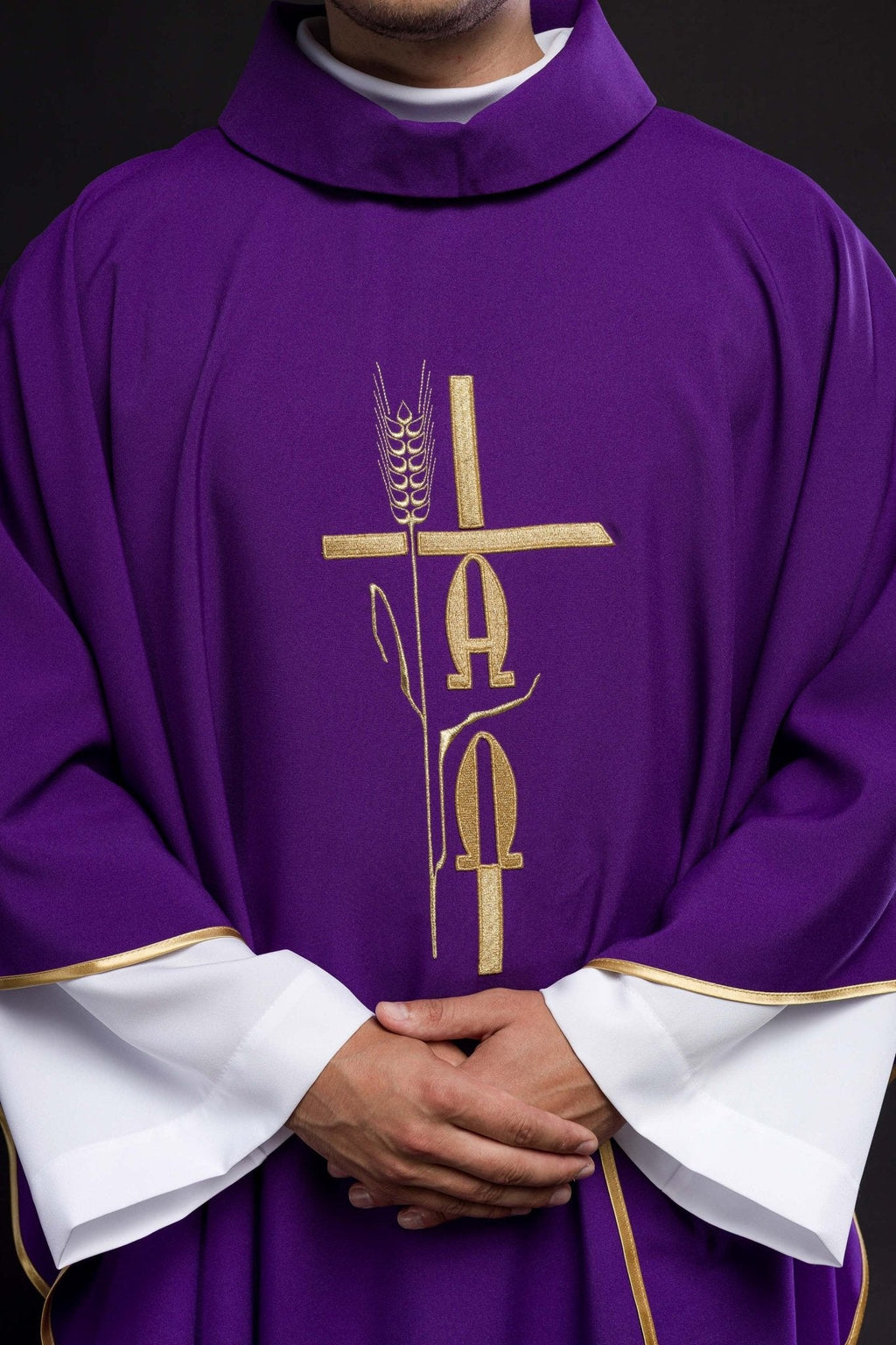 Purple chasuble with cross and alfa omega symbols KOR/013/03/12 FIOLET - HAFTINAUSA.COM