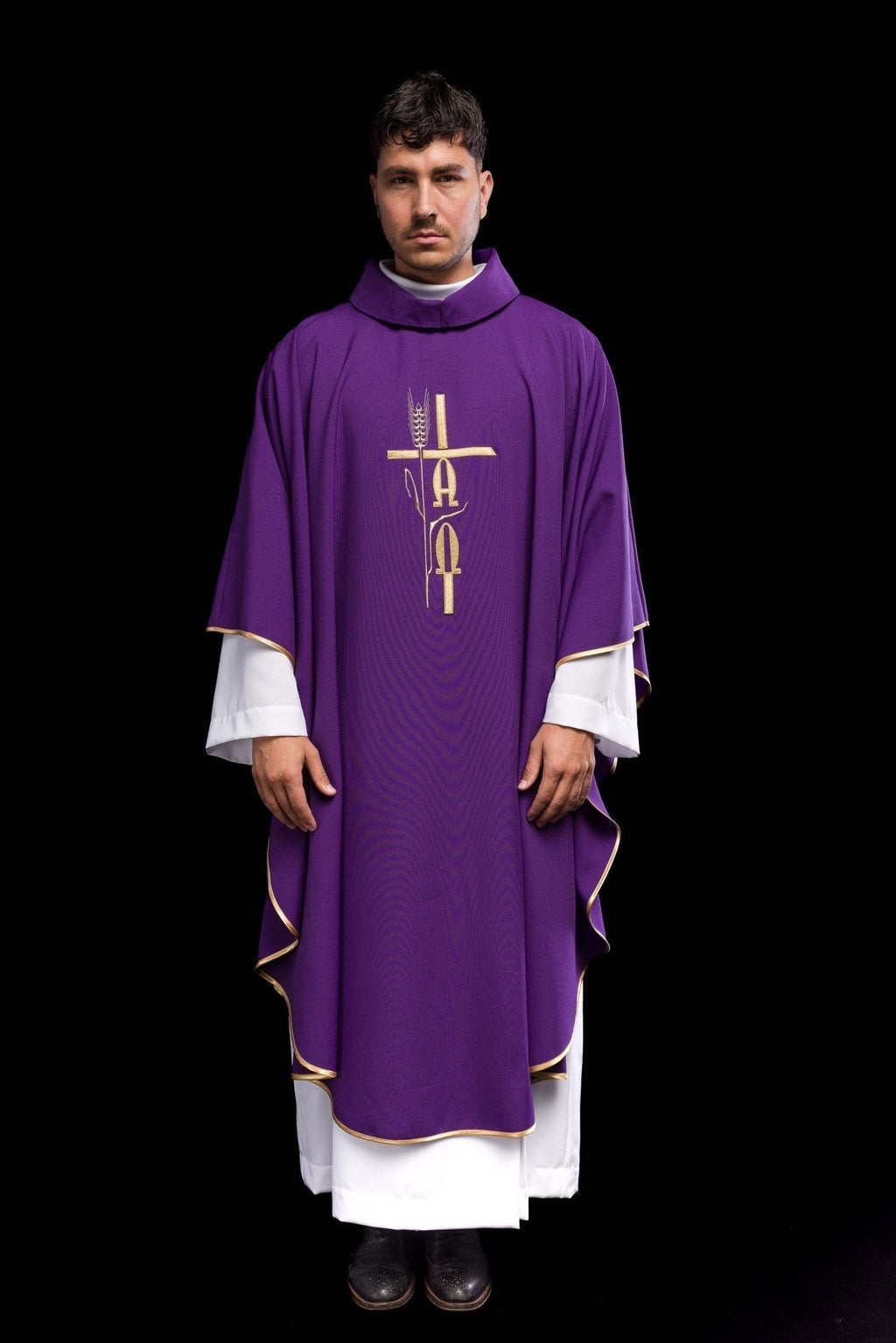 Purple chasuble with cross and alfa omega symbols KOR/013/03/12 FIOLET - HAFTINAUSA.COM