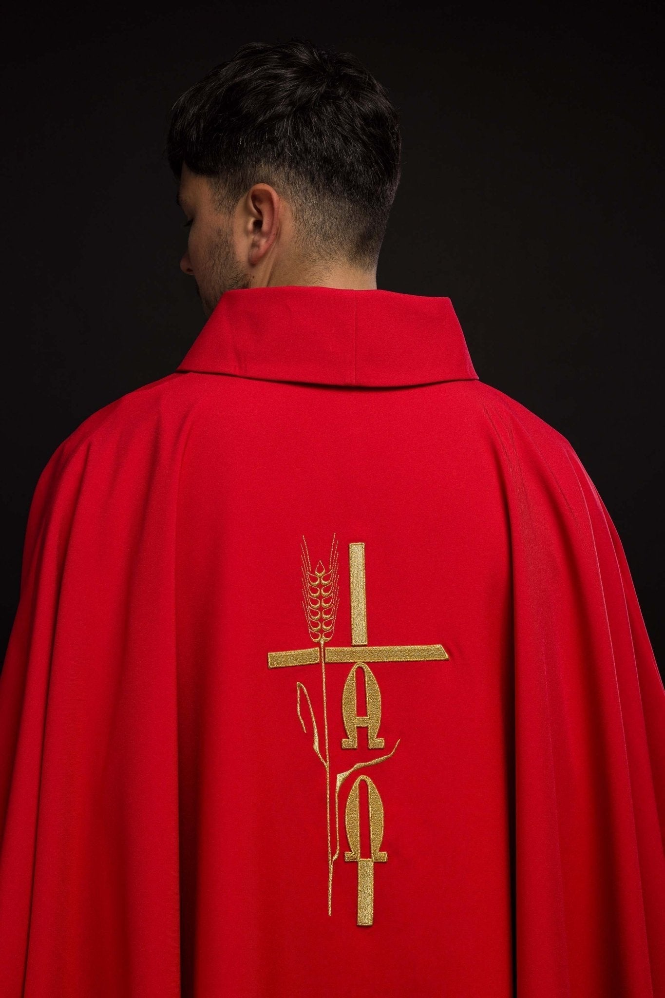 Red chasuble with cross and alfa omega symbols KOR/013/02/12 CZERWONY - HAFTINAUSA.COM