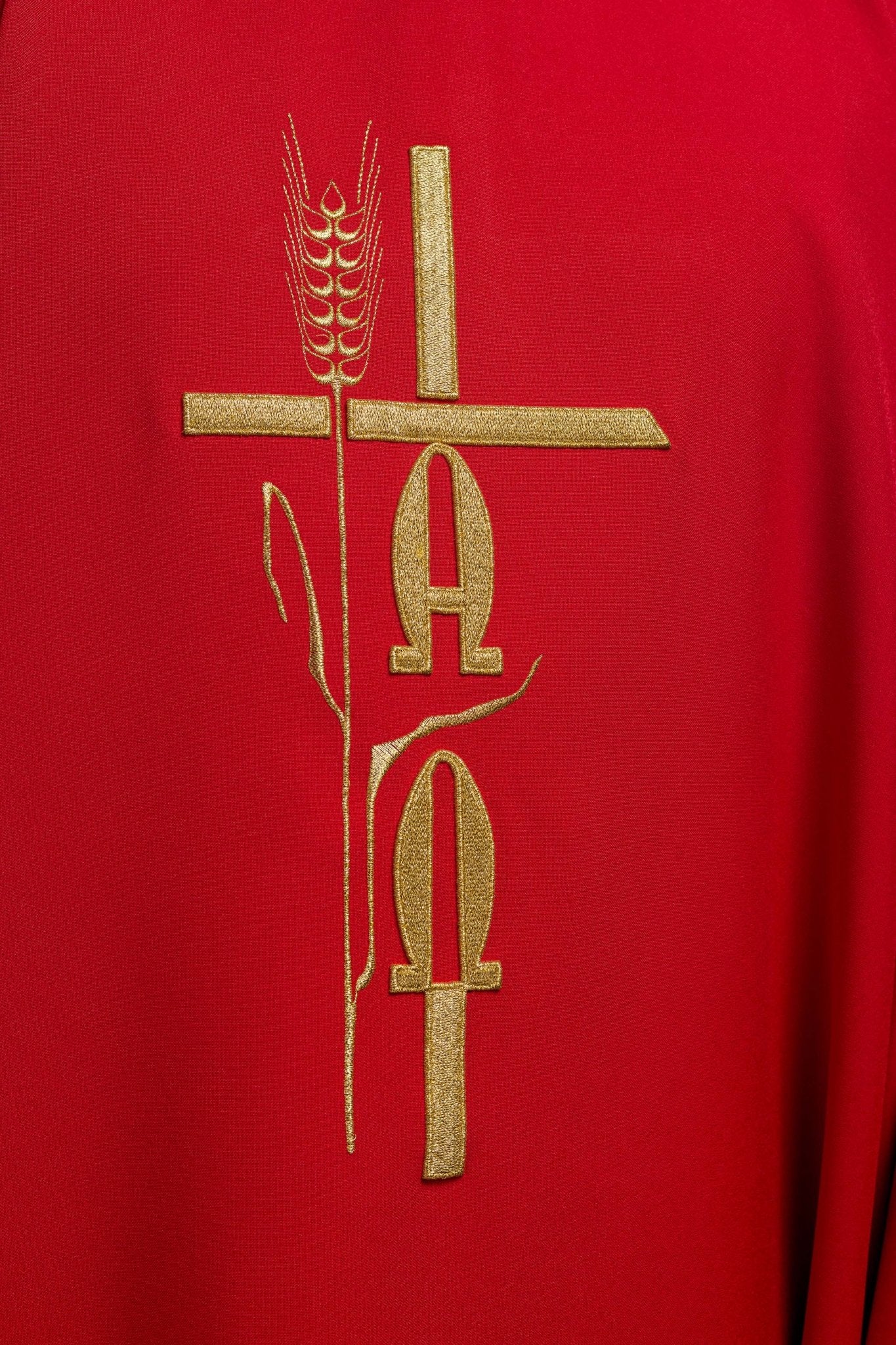 Red chasuble with cross and alfa omega symbols KOR/013/02/12 CZERWONY - HAFTINAUSA.COM