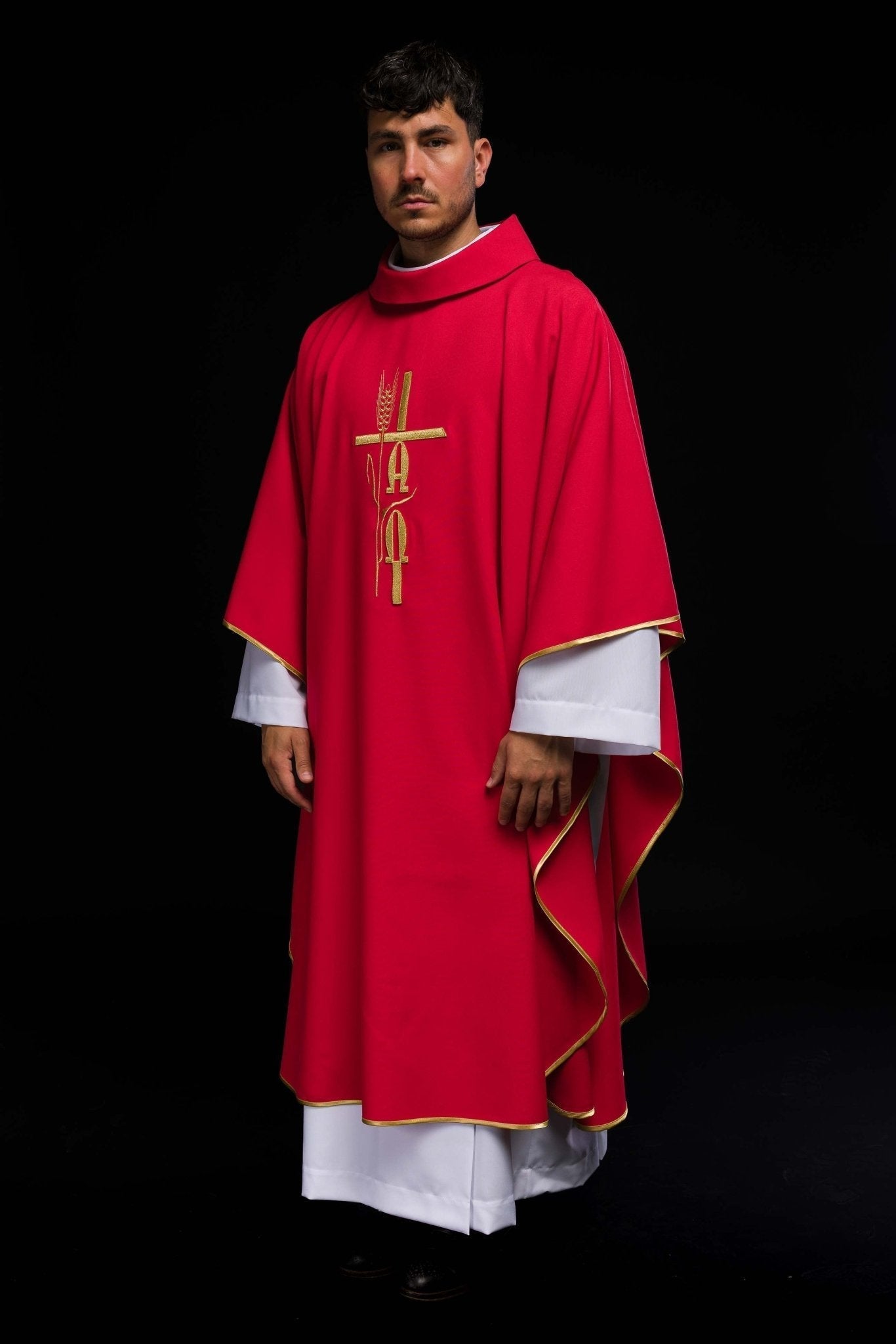Red chasuble with cross and alfa omega symbols KOR/013/02/12 CZERWONY - HAFTINAUSA.COM
