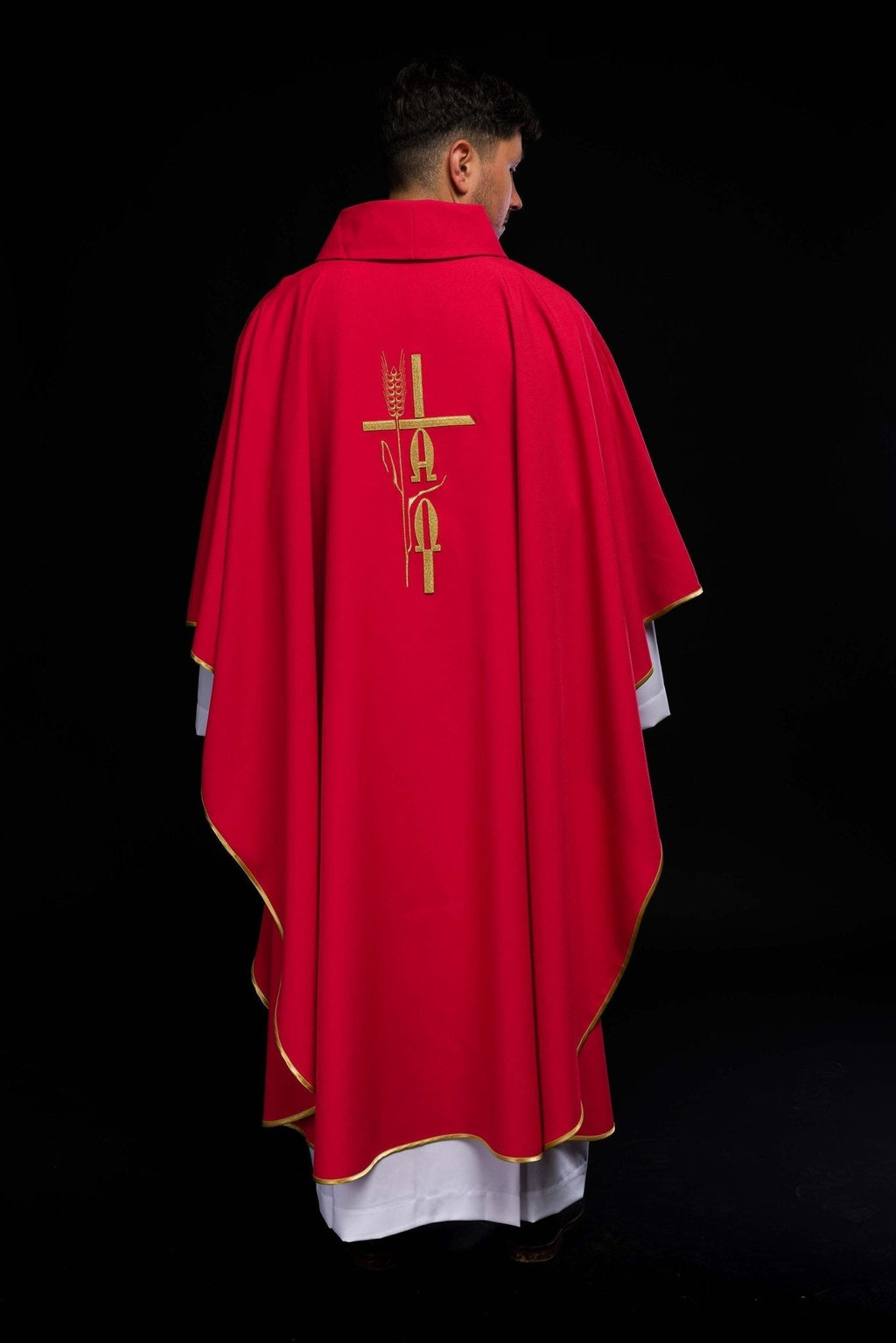 Red chasuble with cross and alfa omega symbols KOR/013/02/12 CZERWONY - HAFTINAUSA.COM