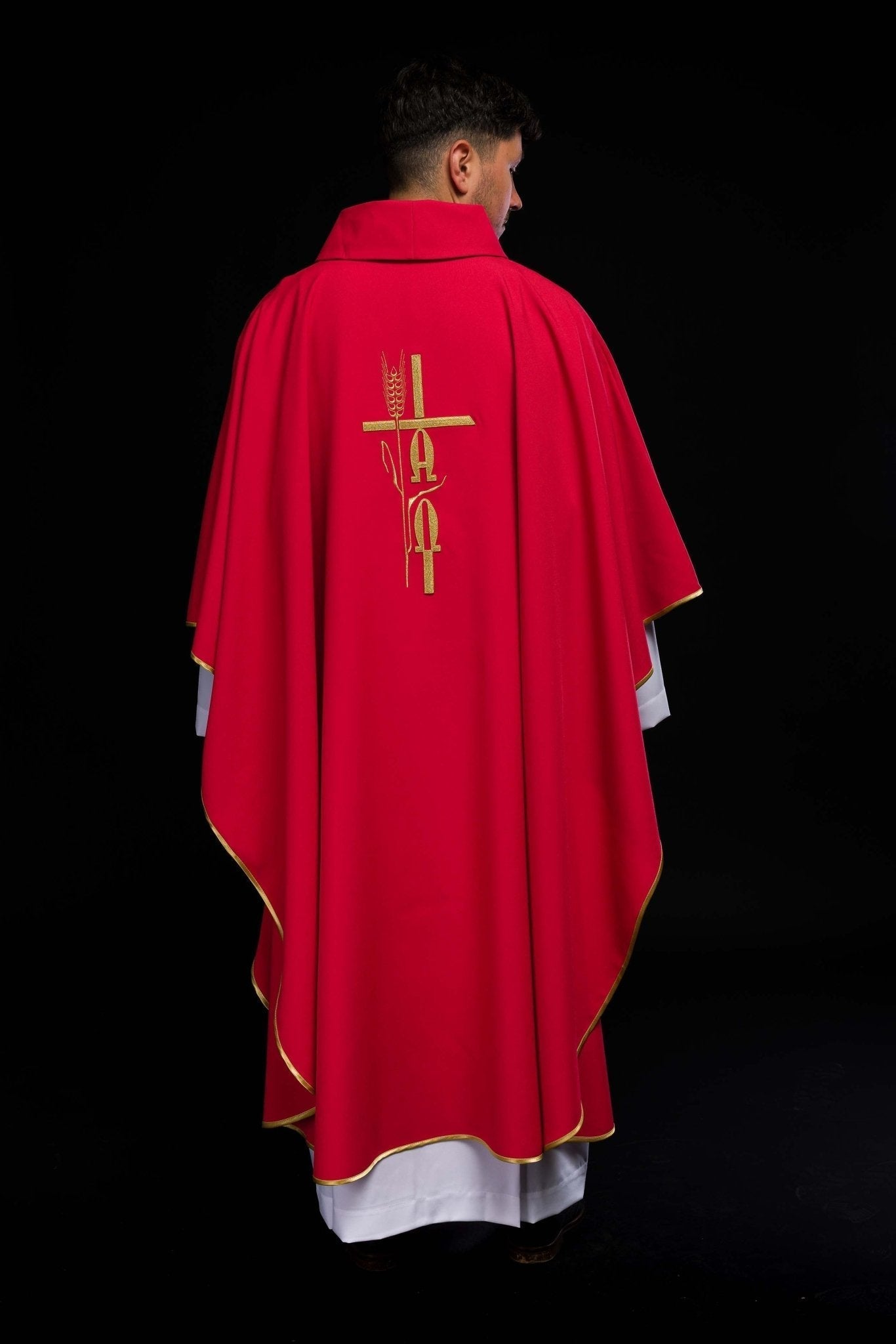 Red chasuble with cross and alfa omega symbols KOR/013/02/12 CZERWONY - HAFTINAUSA.COM