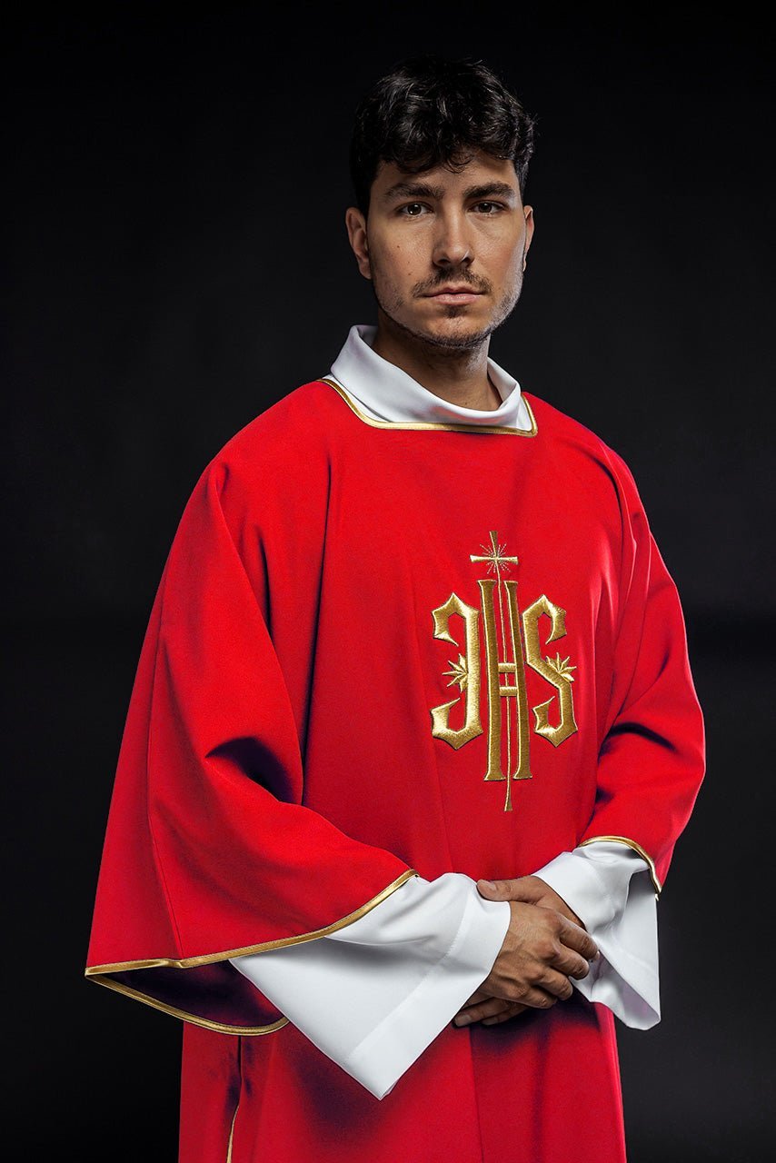 Red Dalmatic with Embroidered Gold IHS KDL/215/02/12/D - HAFTINAUSA.COM