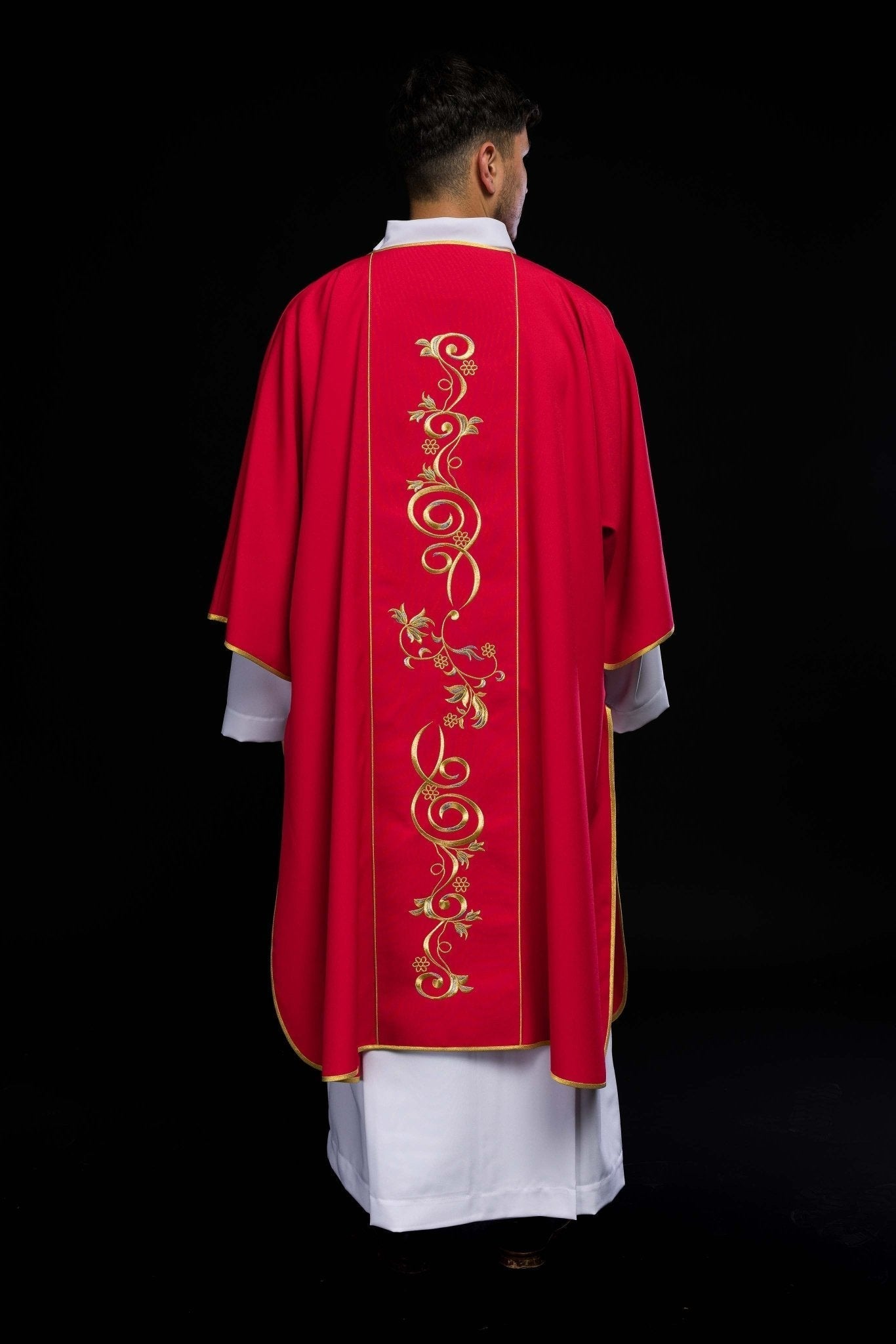 Red dalmatic with embroidered IHS band KDL/031/02/01/A CZERWONY DALMATYK - HAFTINAUSA.COM